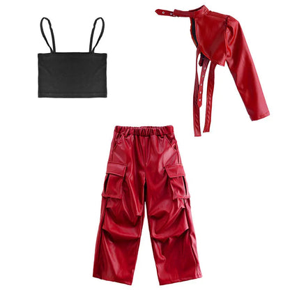Kid Hip Hop Clothing T Shirt Crop Top Wine Red Arm Sleeve Faux Leather Casual Cargo Pants for Girl Jazz Dance Costumes Clothes