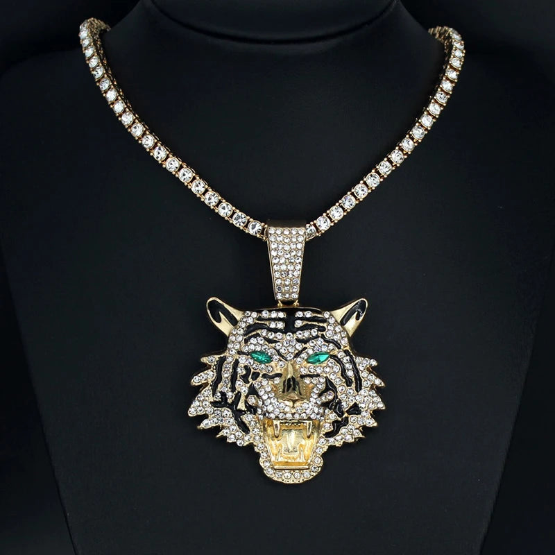 Hip Hop Big 3D Tiger Pendant Necklace Crystal Cuban Chain HipHop Iced Out Bling Necklaces Men Women Fashion Charm Jewelry