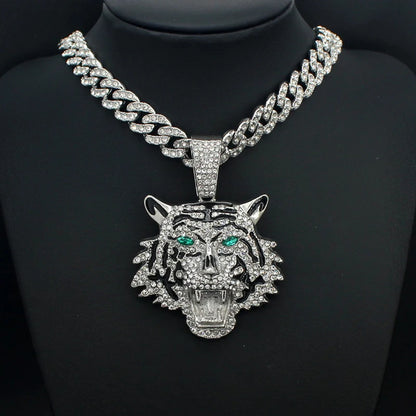 Hip Hop Big 3D Tiger Pendant Necklace Crystal Cuban Chain HipHop Iced Out Bling Necklaces Men Women Fashion Charm Jewelry