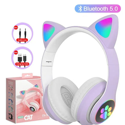 JST-28 Wireless Headphones Cat Ears Bluetooth Earphones Stereo Music Earbuds Bluetooth Sports Gaming Headset with Mic for Phones