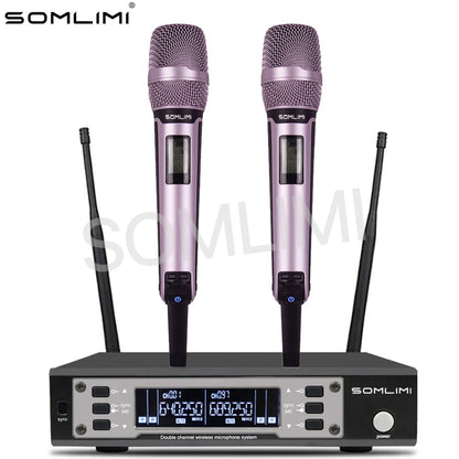 SOMLIMI 135G4 UHF Dual Channels Profession Wireless Microphone System Stage Performance Dynamic Long Distance Metal Handheld