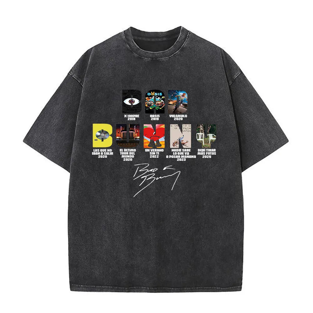 Rapper Bad Bunny T-shirt Debi Tirar Mas Fotos DTMF Album 2025 Washed Vintage T Shirts Men's Women Hip Hop Oversized T-shirts