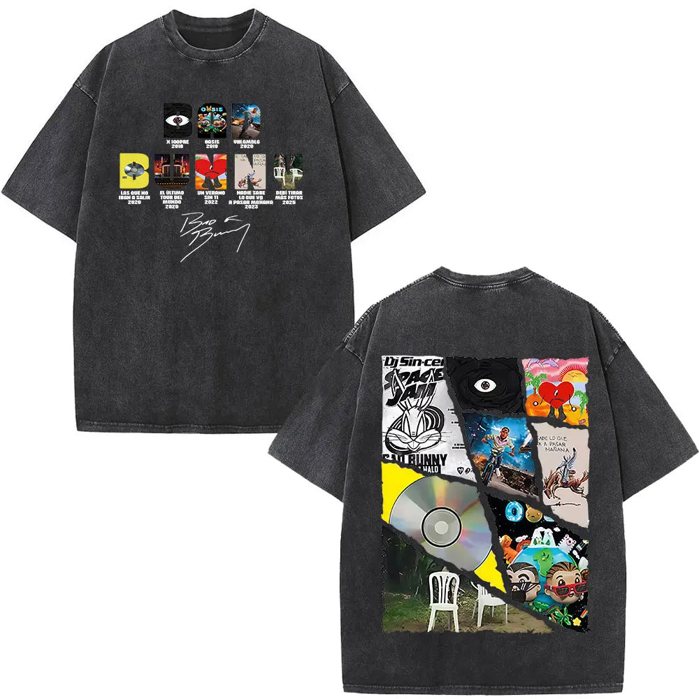 Rapper Bad Bunny T-shirt Debi Tirar Mas Fotos DTMF Album 2025 Washed Vintage T Shirts Men's Women Hip Hop Oversized T-shirts