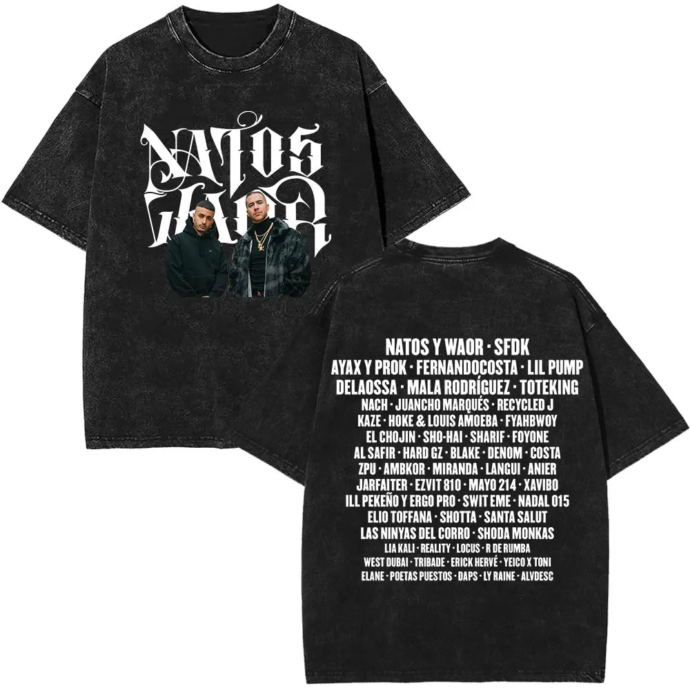 Rapper NATOS WAOR Hijos De La Ruina Album Washed T Shirts Fashion Hip Hop Vintage T-shirts Men Women Cotton Short Sleeve T-shirt