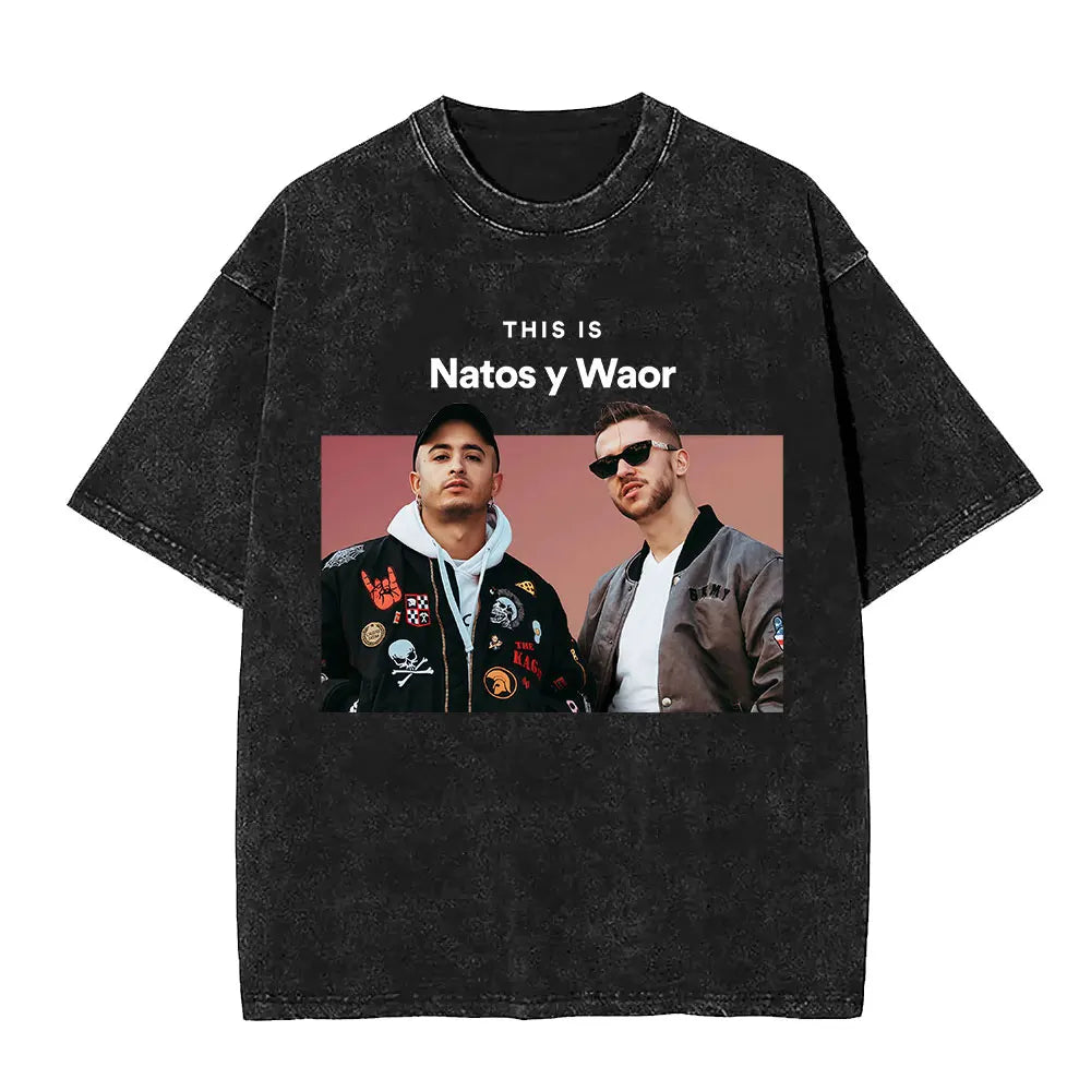 Rapper NATOS WAOR Hijos De La Ruina Album Washed T Shirts Fashion Hip Hop Vintage T-shirts Men Women Cotton Short Sleeve T-shirt