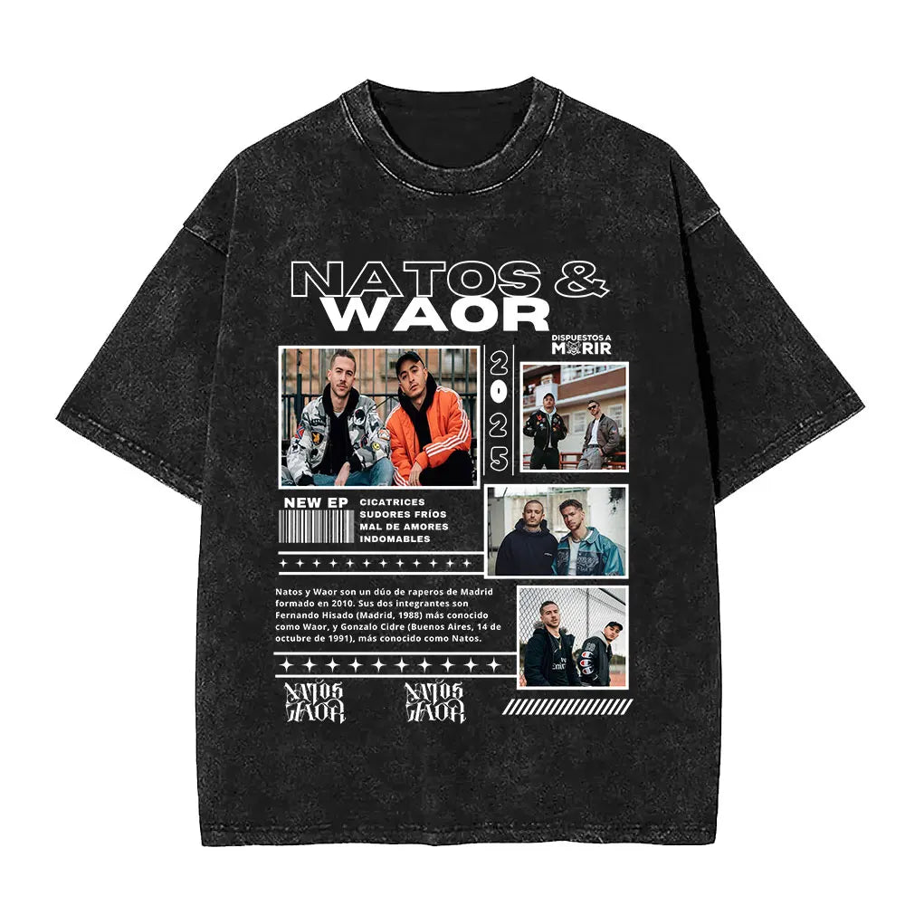 Rapper NATOS WAOR Hijos De La Ruina Album Washed T Shirts Fashion Hip Hop Vintage T-shirts Men Women Cotton Short Sleeve T-shirt