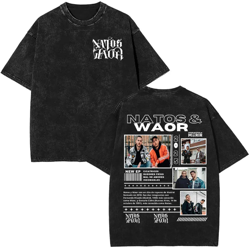 Rapper NATOS WAOR Hijos De La Ruina Album Washed T Shirts Fashion Hip Hop Vintage T-shirts Men Women Cotton Short Sleeve T-shirt
