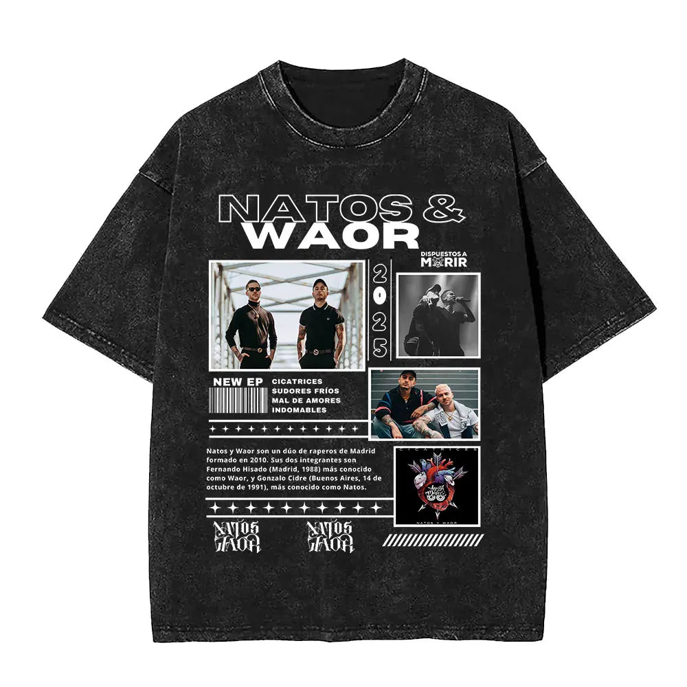 Rapper NATOS WAOR Hijos De La Ruina Album Washed T Shirts Fashion Hip Hop Vintage T-shirts Men Women Cotton Short Sleeve T-shirt