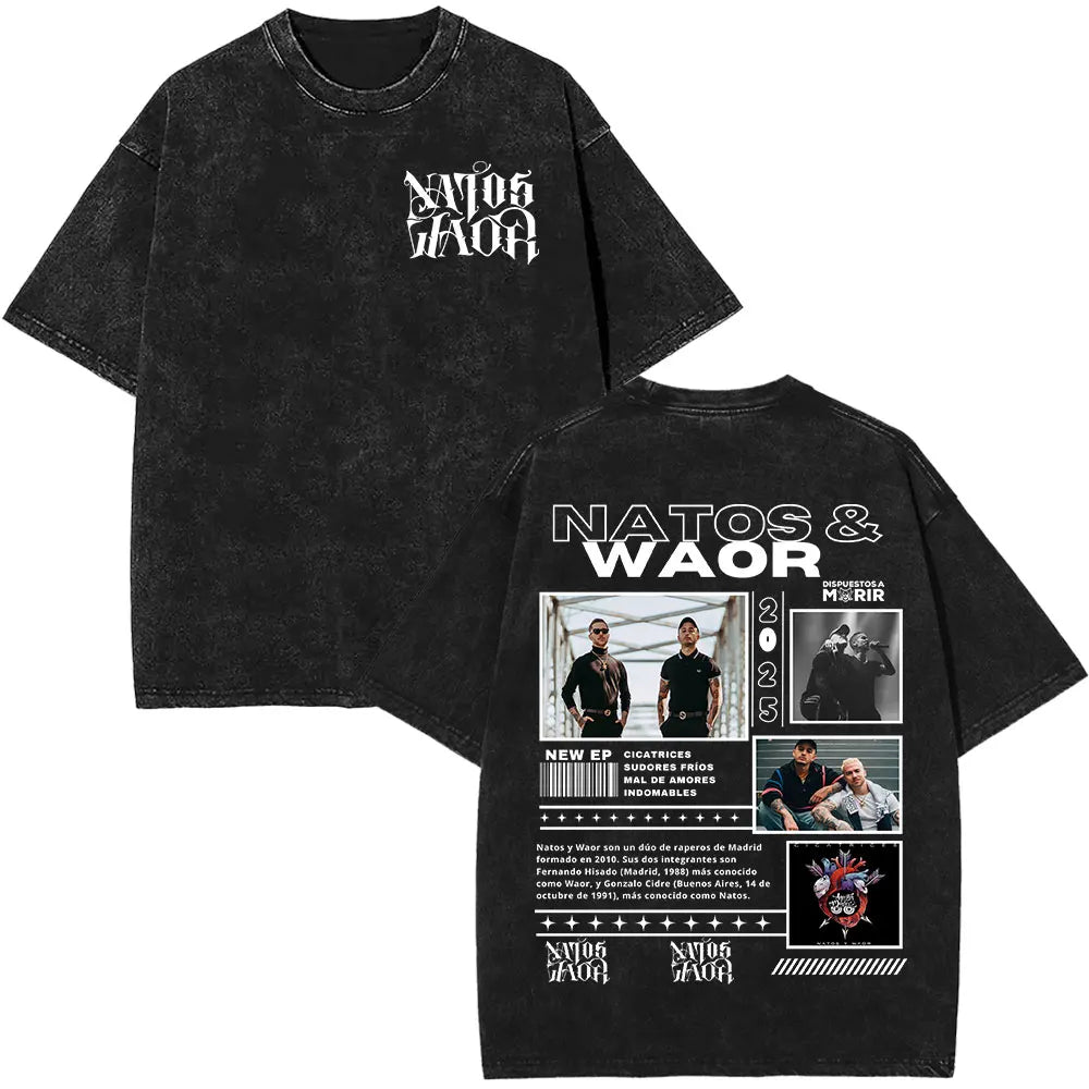 Rapper NATOS WAOR Hijos De La Ruina Album Washed T Shirts Fashion Hip Hop Vintage T-shirts Men Women Cotton Short Sleeve T-shirt