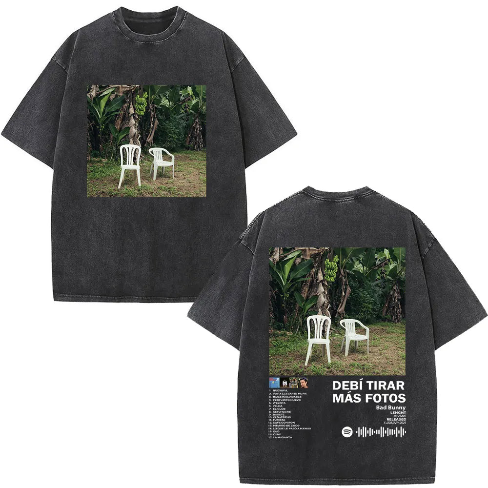 Rapper Bad Bunny T-shirt Debi Tirar Mas Fotos DTMF Album 2025 Washed Vintage T Shirts Men's Women Hip Hop Oversized T-shirts