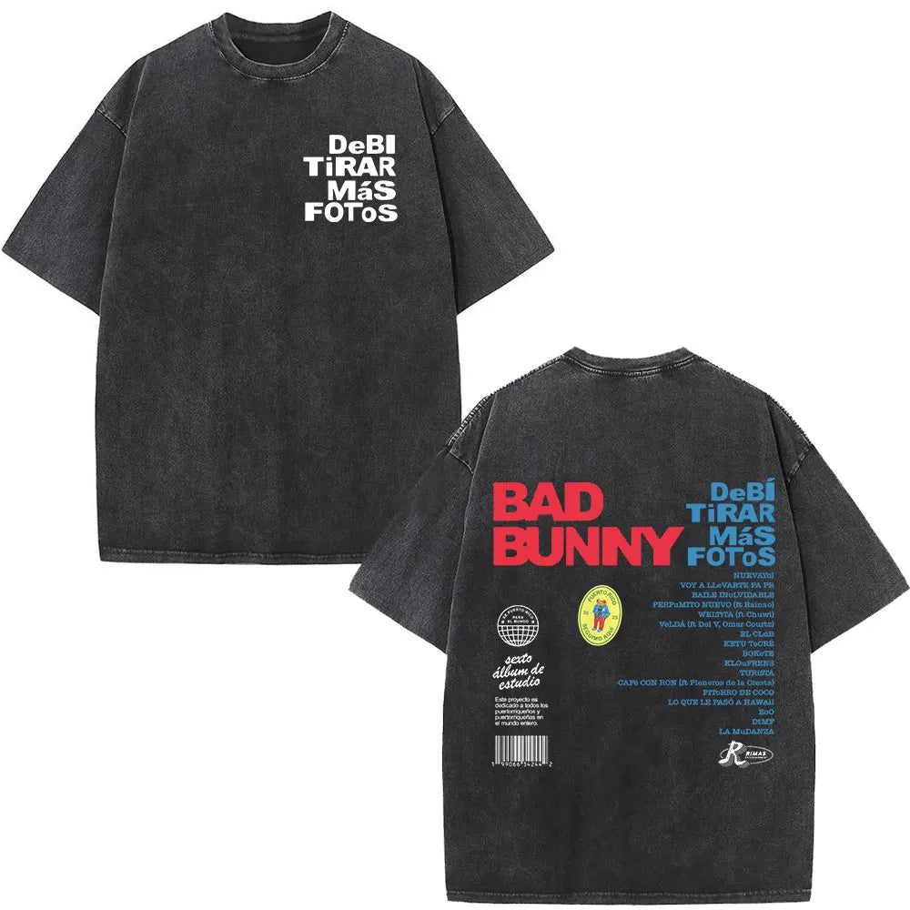 Rapper Bad Bunny T-shirt Debi Tirar Mas Fotos DTMF Album 2025 Washed Vintage T Shirts Men's Women Hip Hop Oversized T-shirts