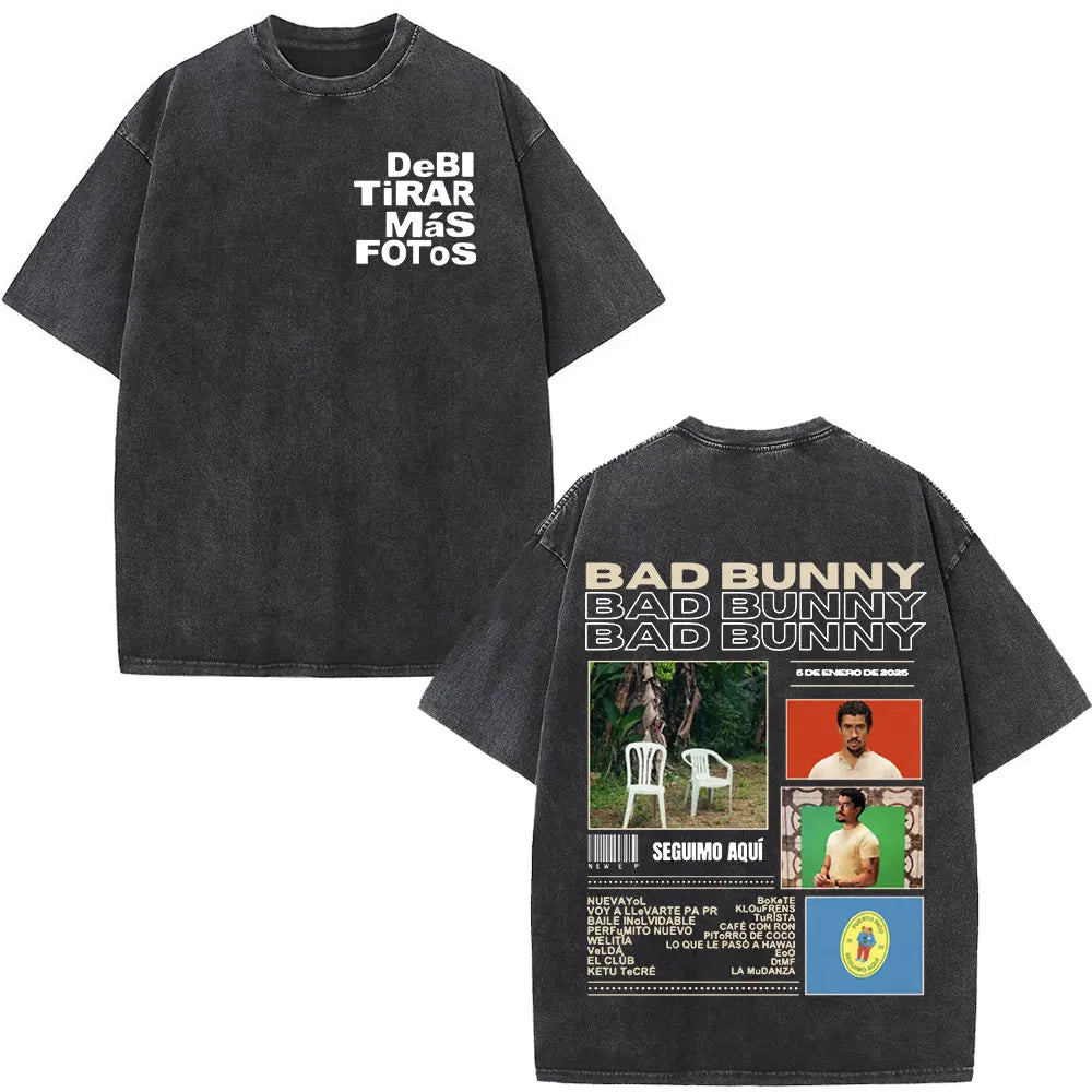 Rapper Bad Bunny T-shirt Debi Tirar Mas Fotos DTMF Album 2025 Washed Vintage T Shirts Men's Women Hip Hop Oversized T-shirts