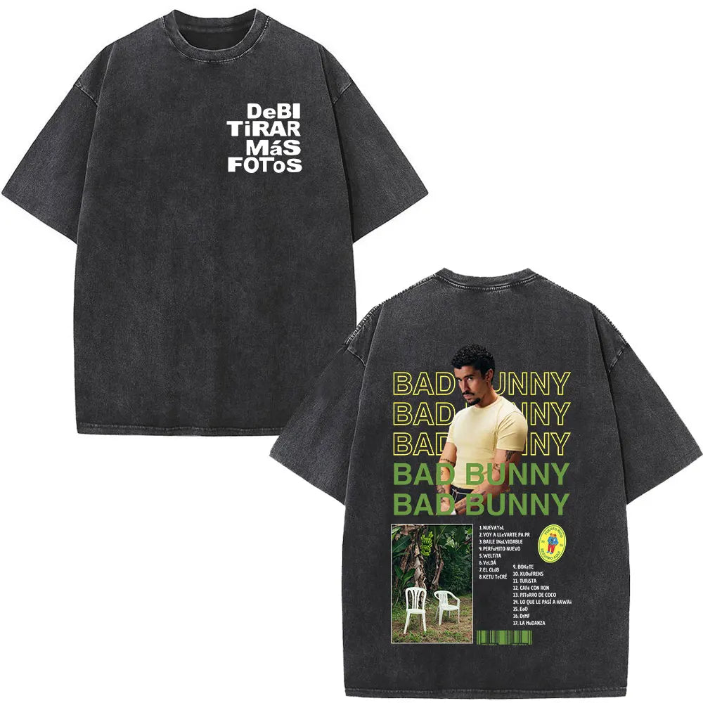 Rapper Bad Bunny T-shirt Debi Tirar Mas Fotos DTMF Album 2025 Washed Vintage T Shirts Men's Women Hip Hop Oversized T-shirts