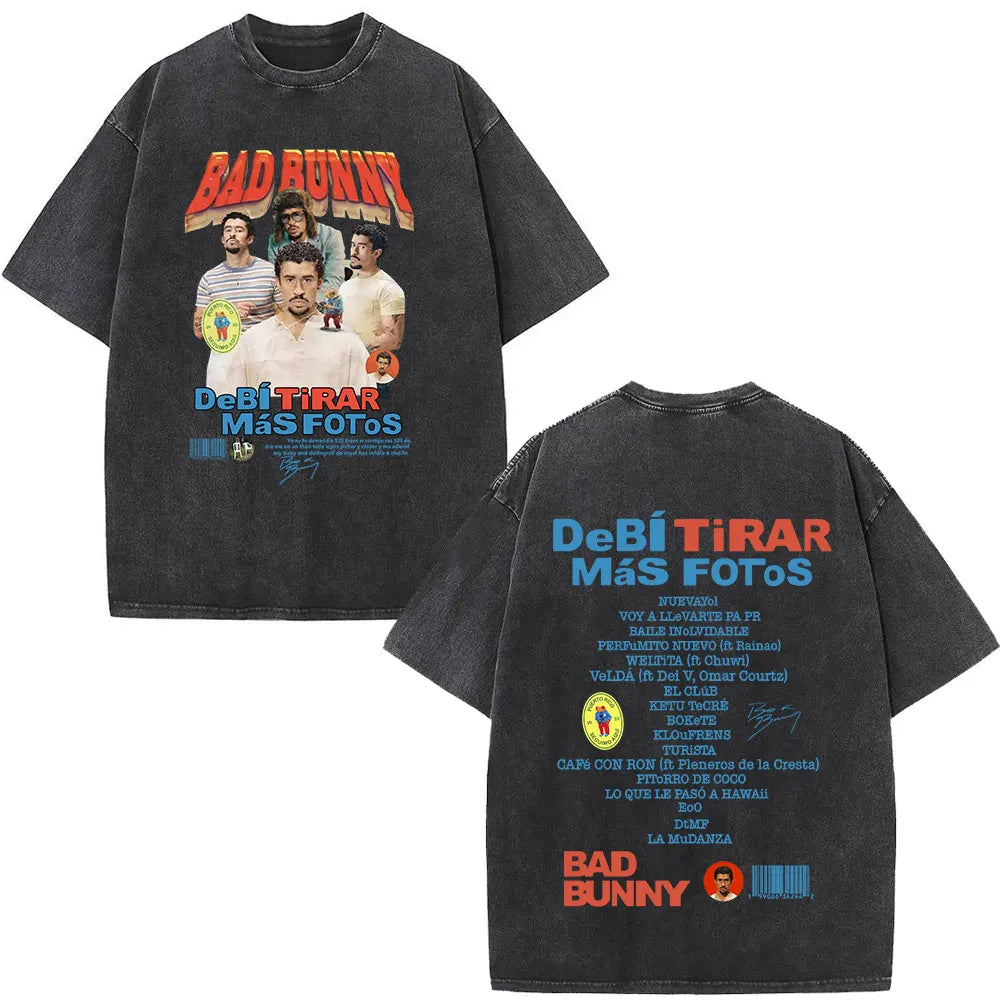 Rapper Bad Bunny T-shirt Debi Tirar Mas Fotos DTMF Album 2025 Washed Vintage T Shirts Men's Women Hip Hop Oversized T-shirts