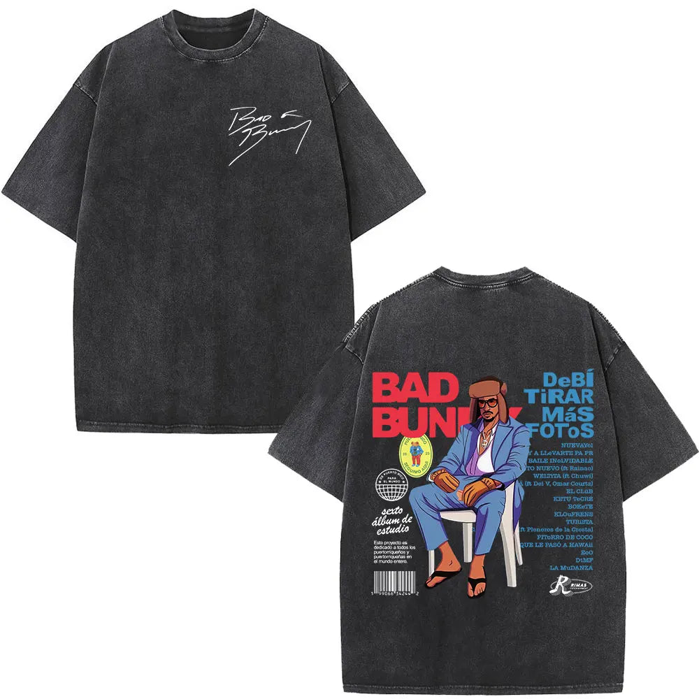 Rapper Bad Bunny T-shirt Debi Tirar Mas Fotos DTMF Album 2025 Washed Vintage T Shirts Men's Women Hip Hop Oversized T-shirts