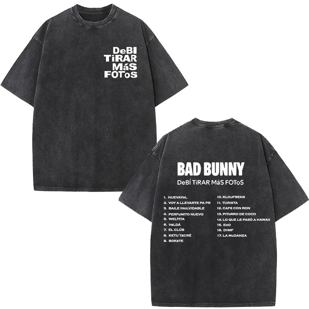 Rapper Bad Bunny T-shirt Debi Tirar Mas Fotos DTMF Album 2025 Washed Vintage T Shirts Men's Women Hip Hop Oversized T-shirts