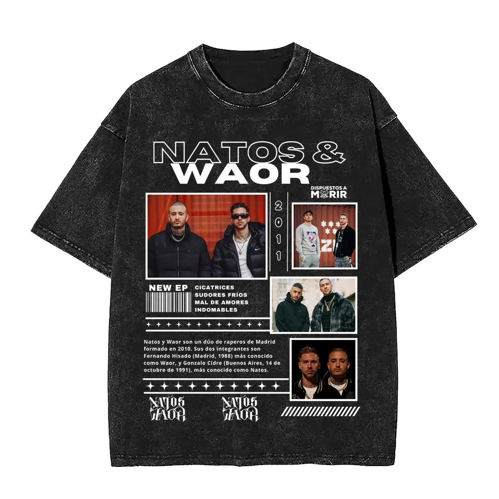 Rapper NATOS WAOR Hijos De La Ruina Album Washed T Shirts Fashion Hip Hop Vintage T-shirts Men Women Cotton Short Sleeve T-shirt
