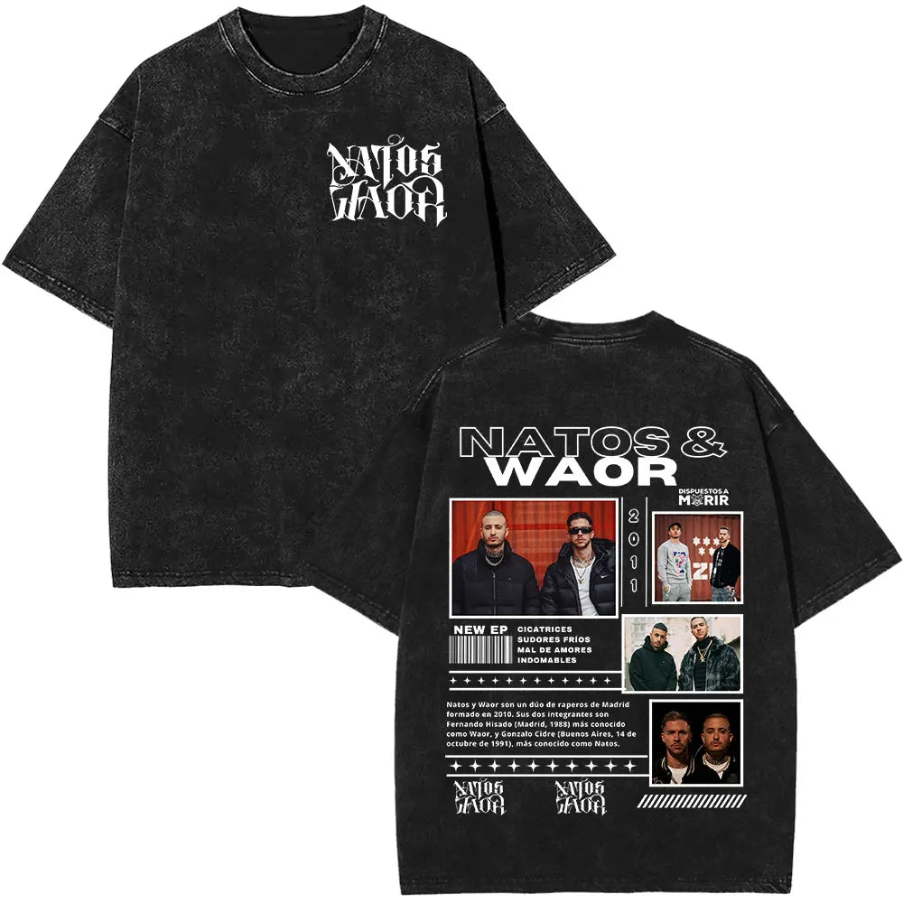 Rapper NATOS WAOR Hijos De La Ruina Album Washed T Shirts Fashion Hip Hop Vintage T-shirts Men Women Cotton Short Sleeve T-shirt