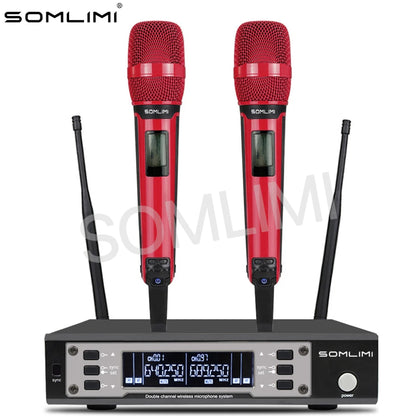 SOMLIMI 135G4 UHF Dual Channels Profession Wireless Microphone System Stage Performance Dynamic Long Distance Metal Handheld