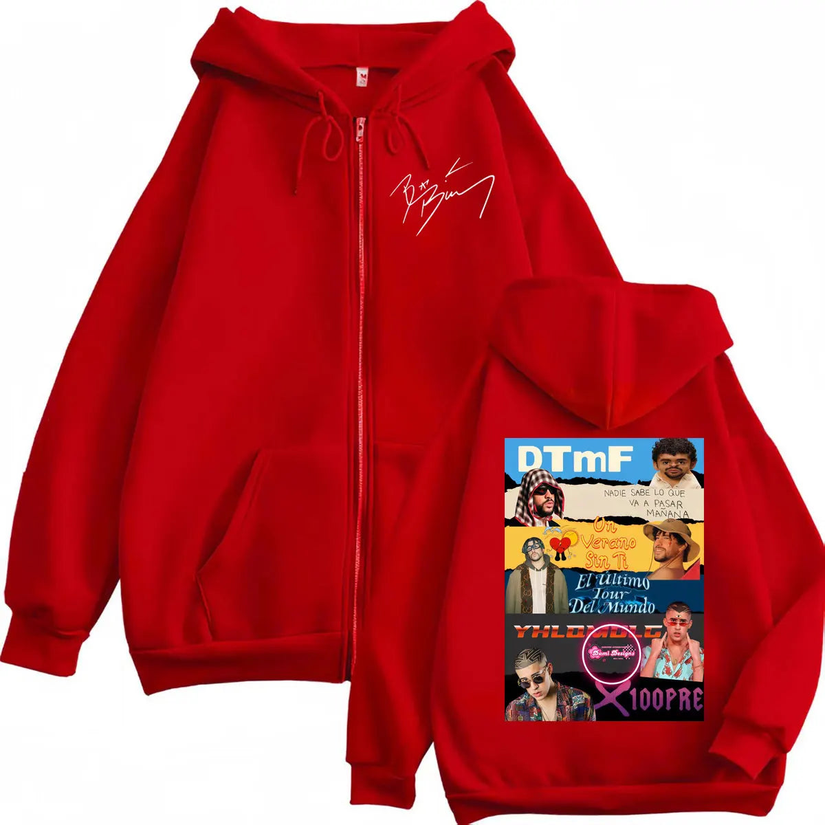 Rapper Bad Bunny Album Poster Graphic Zipper Hoodies Fashion Hip Hop Zip Up Hooded Sweatshirts Men Women Casual Loose Pullovers