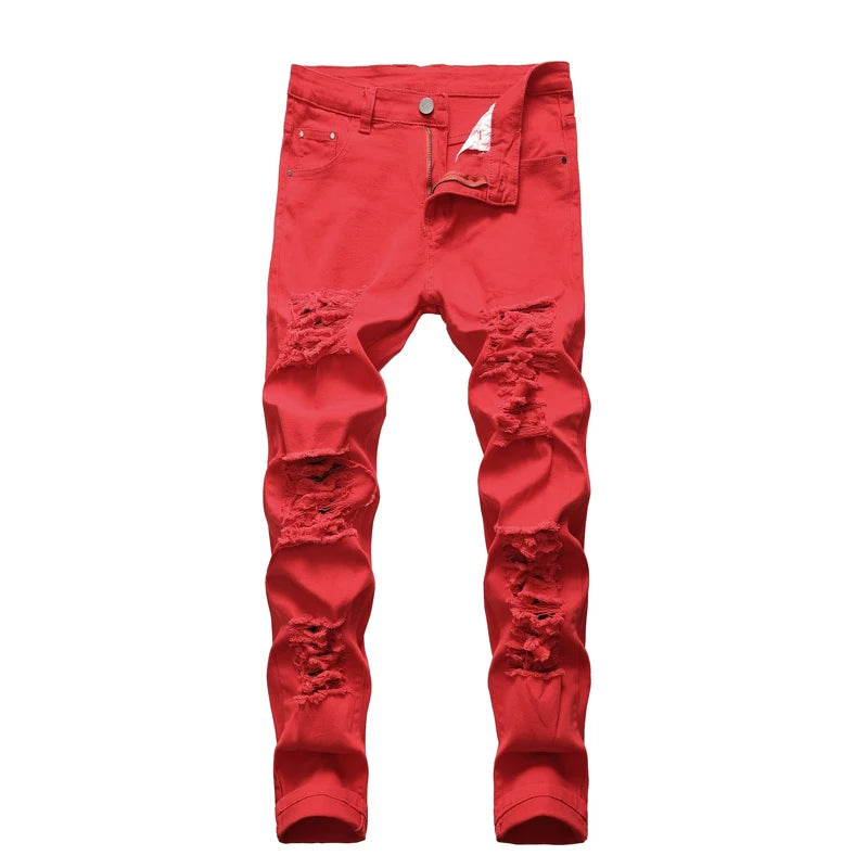 New Men Ripped Jeans Red Hip Hop Holes Slim Denim Pants Punk Streetwear Versatile Stretch Wash Solid Casual Slim Pencil Trousers