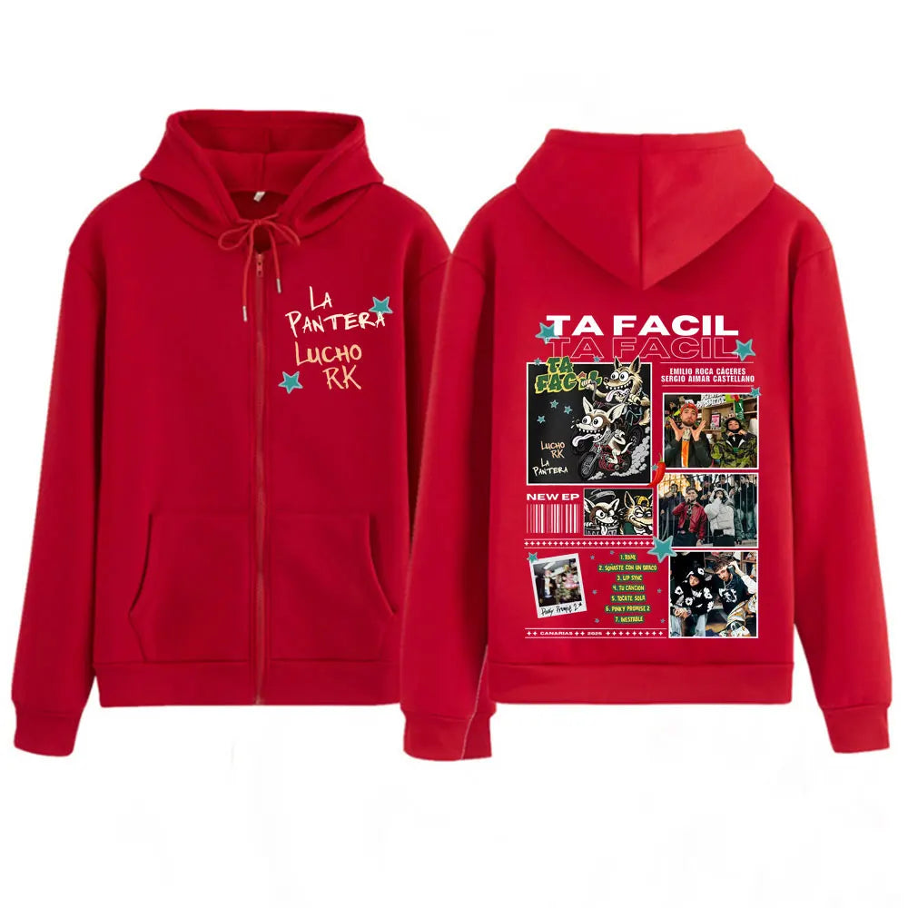 Rapper La Panter Lucho Rk Ta Facil Album 2025 Tour Fashion Print Zipper Hoodie Men Harajuku Hip-hop Oversized Zip Up Tracksuit