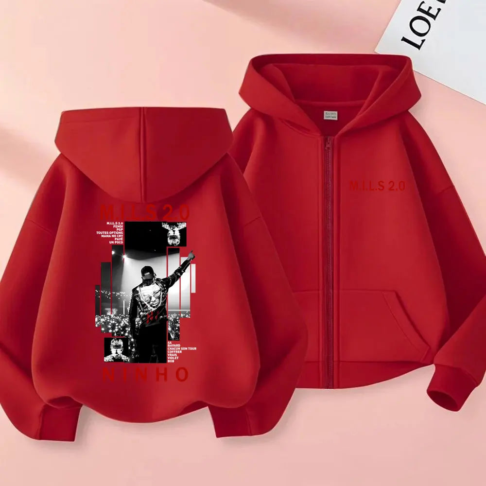 Rapper Ninho MILS 2.0 Album Graphic Zipper Hoodie Men Women Hip Hop Fashion Pop Music Hoodies Men's Vintage Casual Zip Up Jacket