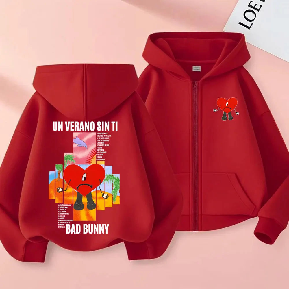 Rapper Bad Bunny Un Verano Sin Ti Album Graphic Zipper Hoodie Men Women Hip Hop Fashion Oversized Zip Up Jacket Coat Sweatshirt