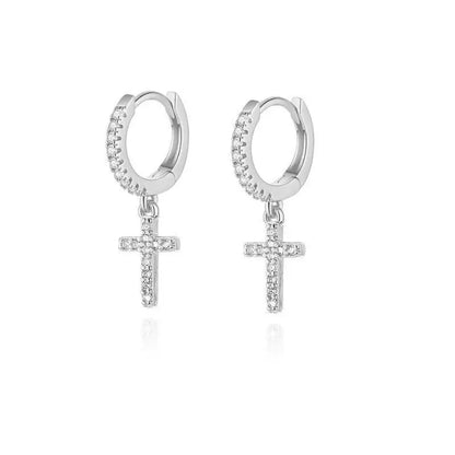 Hiphop Small Cross Pendant Earrings For Women Men Black Gold Silver Color Tiny White Zircon Ear Buckle Hoops Punk Party Jewelry