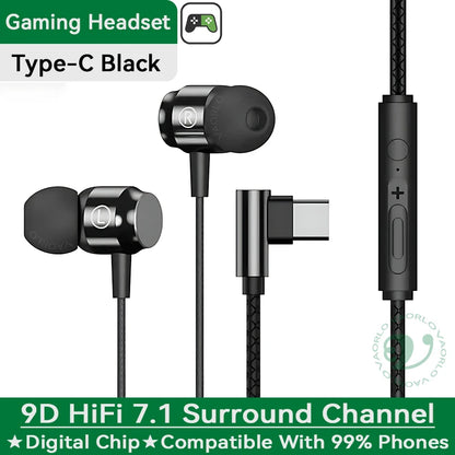 Metal Magnetic Gaming Earbuds 90° L Elbow Digital Type-C/3.5MM AUX 9D Surround HIFI Heavy Bass Music Headset For Samsung Android