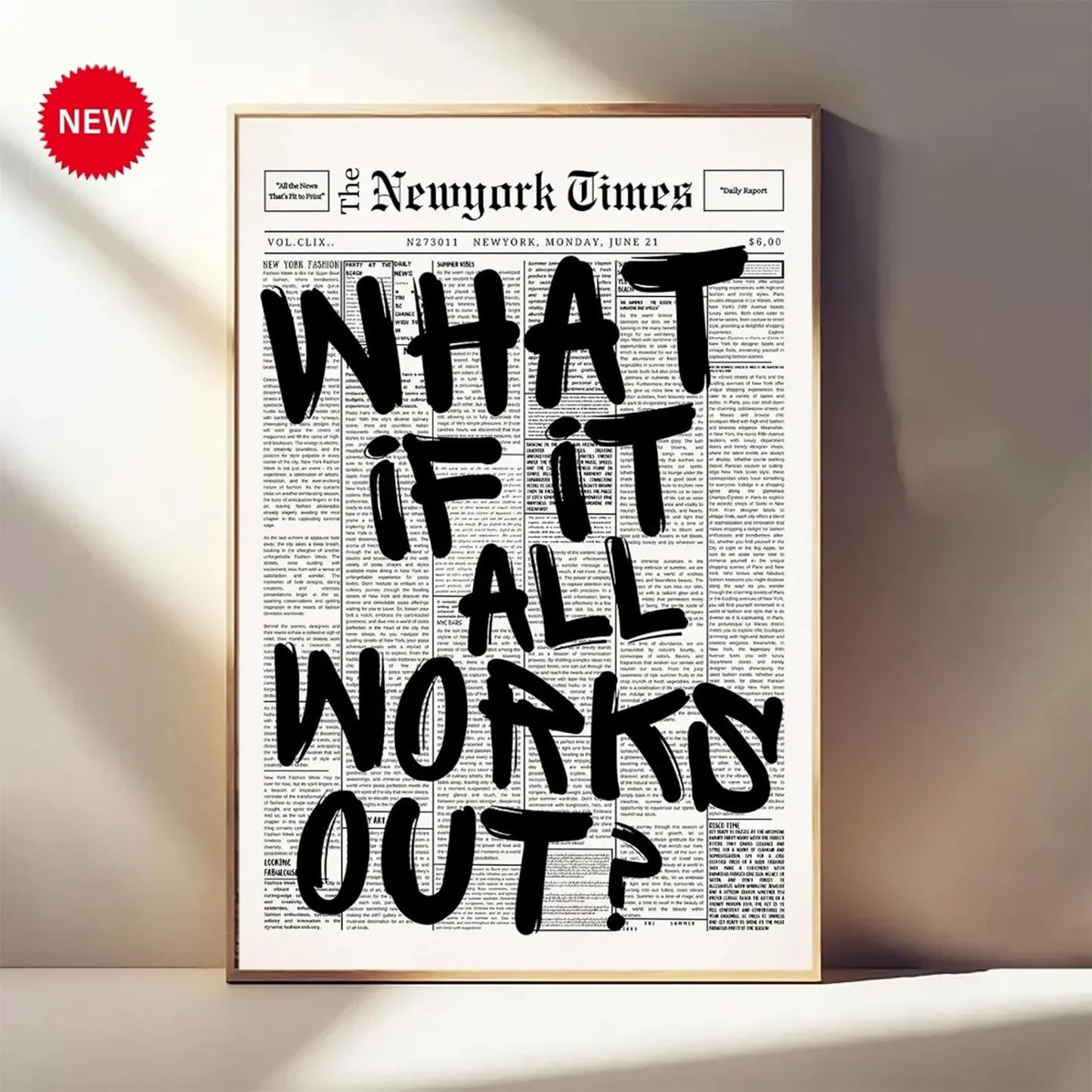 Newspaper Poster - What If It All Works Out - Positive Quote Canvas Wall Art, Affirming Minimalist Prints, Neutral Dorm Room Bed