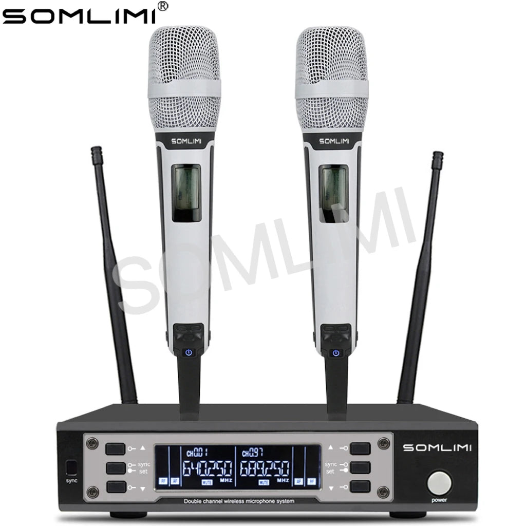 SOMLIMI 135G4 UHF Dual Channels Profession Wireless Microphone System Stage Performance Dynamic Long Distance Metal Handheld