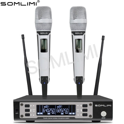 SOMLIMI 135G4 UHF Dual Channels Profession Wireless Microphone System Stage Performance Dynamic Long Distance Metal Handheld