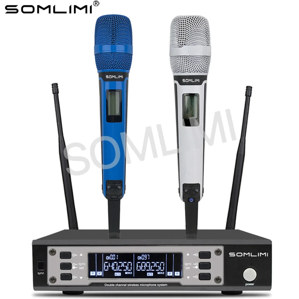 SOMLIMI 135G4 UHF Dual Channels Profession Wireless Microphone System Stage Performance Dynamic Long Distance Metal Handheld