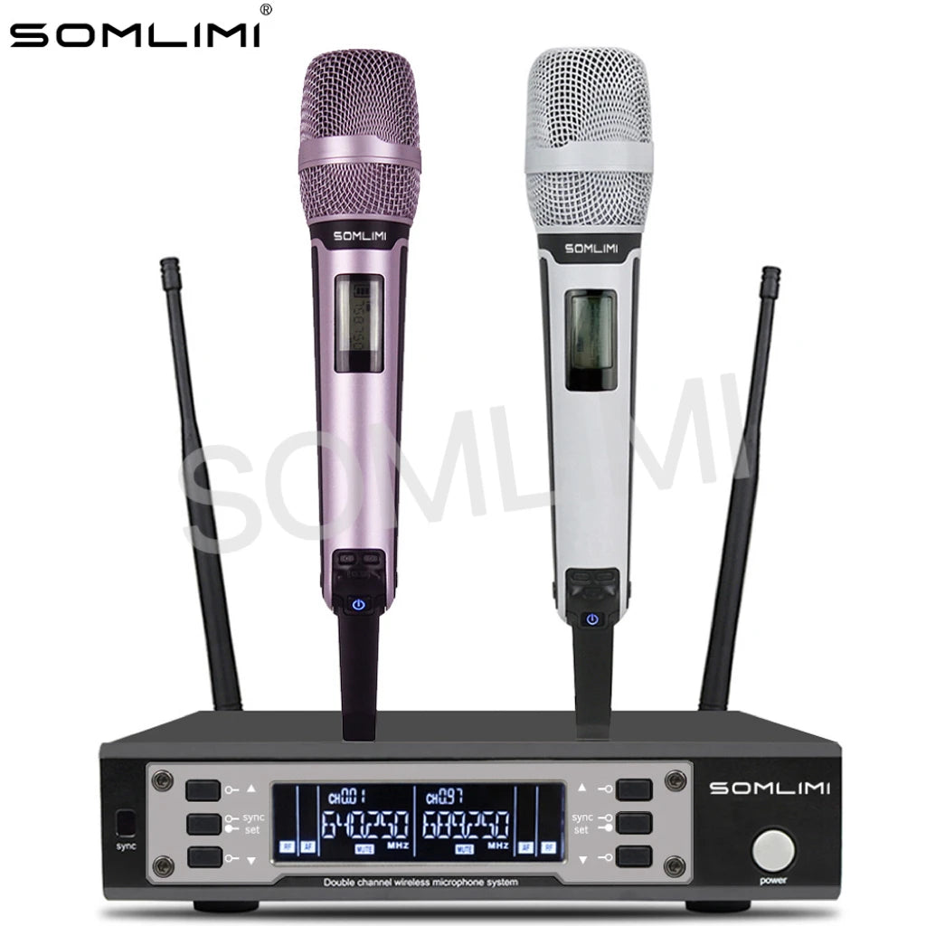 SOMLIMI 135G4 UHF Dual Channels Profession Wireless Microphone System Stage Performance Dynamic Long Distance Metal Handheld