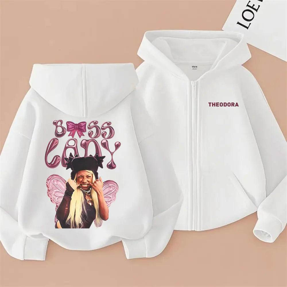 Rapper Theodora MEGA BBL Album Graphic Zipper Hoodie Men Women Hip Hop Fashion Zip Up Jacket Unisex Oversized Zip Up Sweatshirt