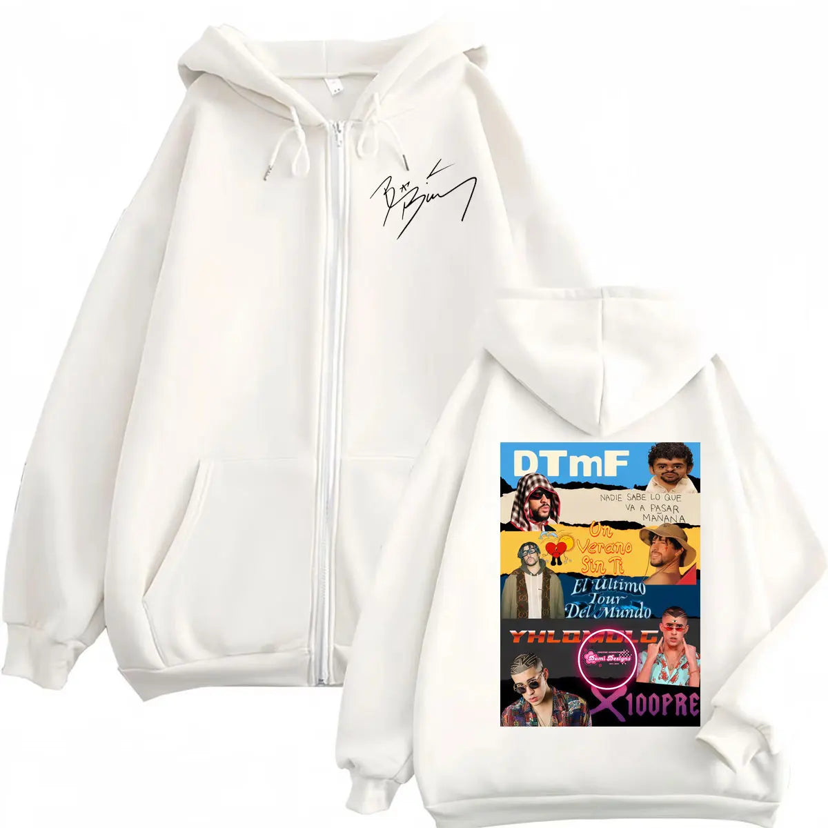 Rapper Bad Bunny Album Poster Graphic Zipper Hoodies Fashion Hip Hop Zip Up Hooded Sweatshirts Men Women Casual Loose Pullovers