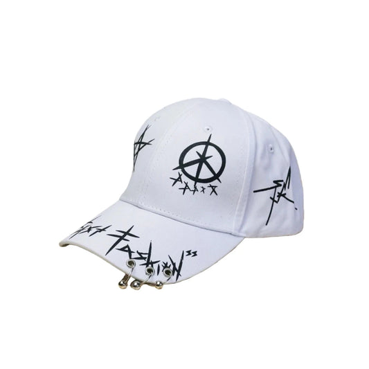 Hip-Hop Baseball Cap Unisex Black White Graffiti Peaked Hat with Iron Ring Street Style