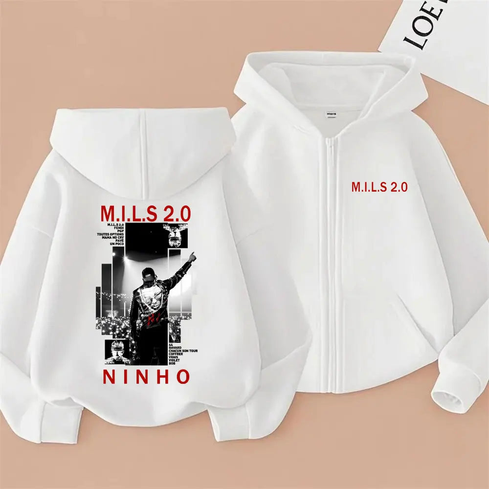 Rapper Ninho MILS 2.0 Album Graphic Zipper Hoodie Men Women Hip Hop Fashion Pop Music Hoodies Men's Vintage Casual Zip Up Jacket