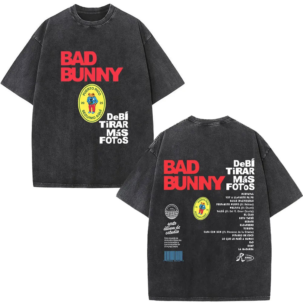 Rapper Bad Bunny T-shirt Debi Tirar Mas Fotos DTMF Album 2025 Washed Vintage T Shirts Men's Women Hip Hop Oversized T-shirts