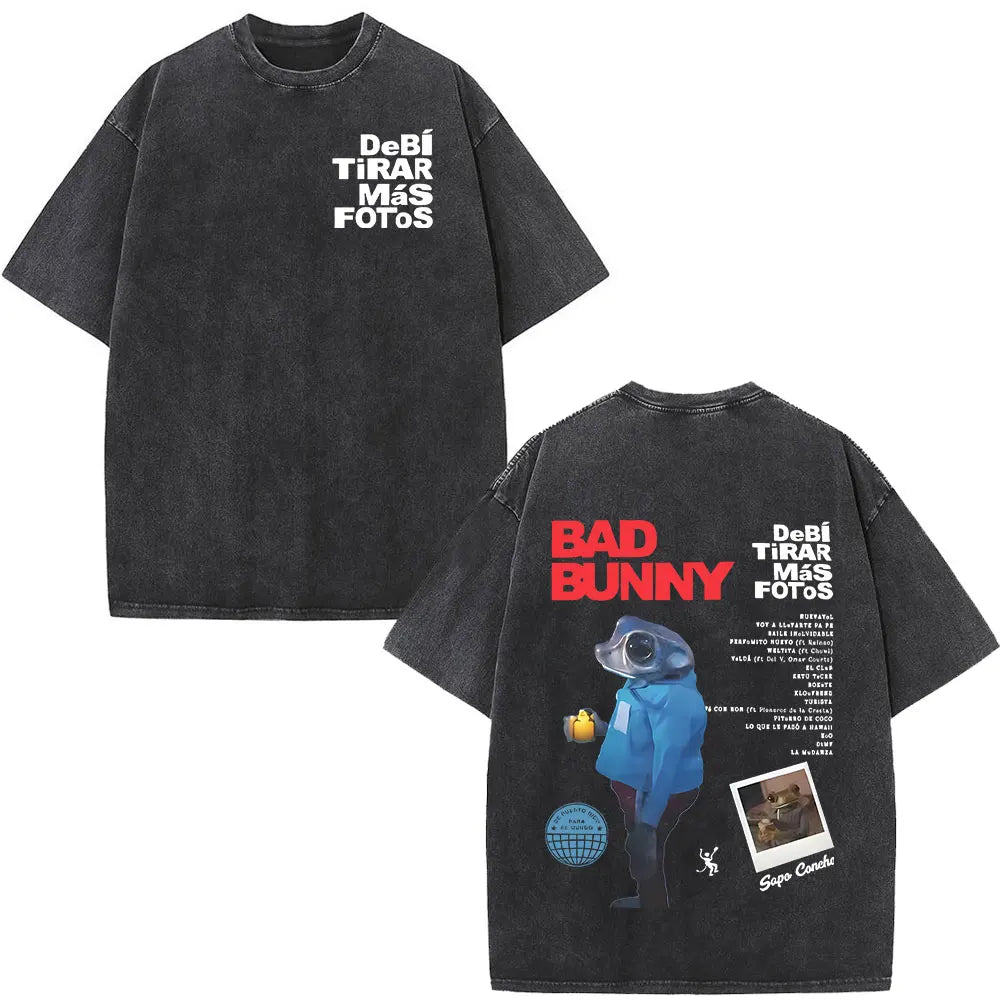 Rapper Bad Bunny T-shirt Debi Tirar Mas Fotos DTMF Album 2025 Washed Vintage T Shirts Men's Women Hip Hop Oversized T-shirts