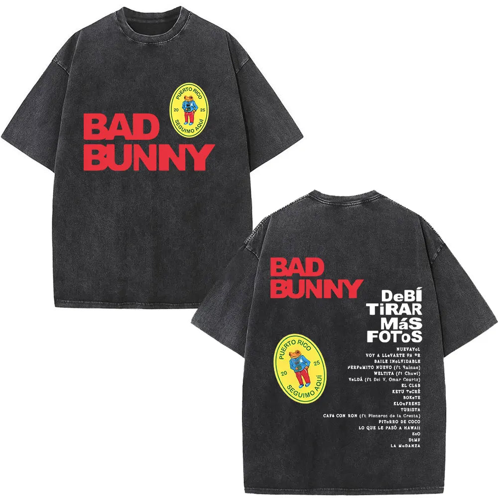 Rapper Bad Bunny T-shirt Debi Tirar Mas Fotos DTMF Album 2025 Washed Vintage T Shirts Men's Women Hip Hop Oversized T-shirts