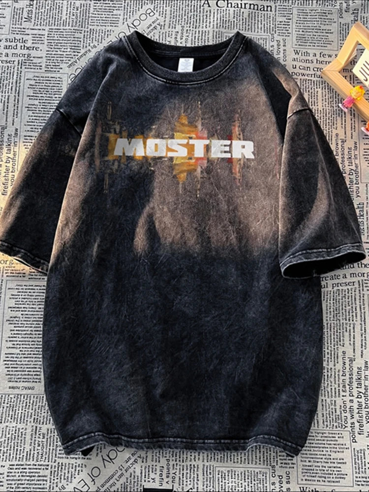 Summer Hip Hop Graffiti Design Short Sleeve T-shirts For Men Wash Distressed Cotton Y2K Tee Shirts Vintage Streetwear Tshirt