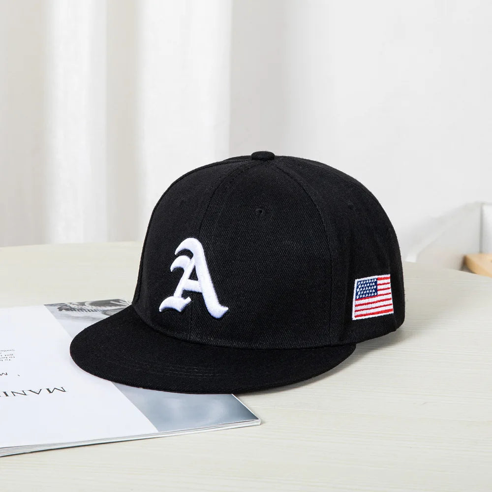 Hip-hop style baseball cap with a flat top, color patching, letter embroidery. Suitable for both women and men