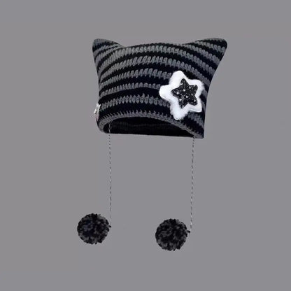 Hip-hop Y2K Beanie Hat Ins Devil Ear Striped Knitted Wool Cap Hip-hop Crochet Cute Cat Ears Pointed Pullover Women's Hats