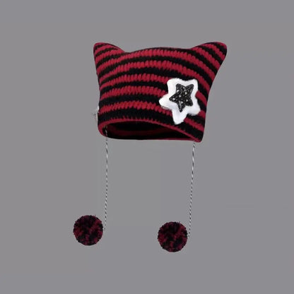 Hip-hop Y2K Beanie Hat Ins Devil Ear Striped Knitted Wool Cap Hip-hop Crochet Cute Cat Ears Pointed Pullover Women's Hats