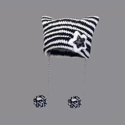 Hip-hop Y2K Beanie Hat Ins Devil Ear Striped Knitted Wool Cap Hip-hop Crochet Cute Cat Ears Pointed Pullover Women's Hats