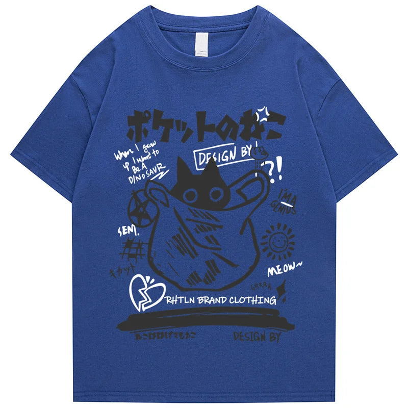 Hip Hop T-Shirt Men Streetwear Japanese Kanji Funny Cat Printed T Shirt 2023 Men Harajuku Cotton Casual Short Sleeve Tshirt Tops
