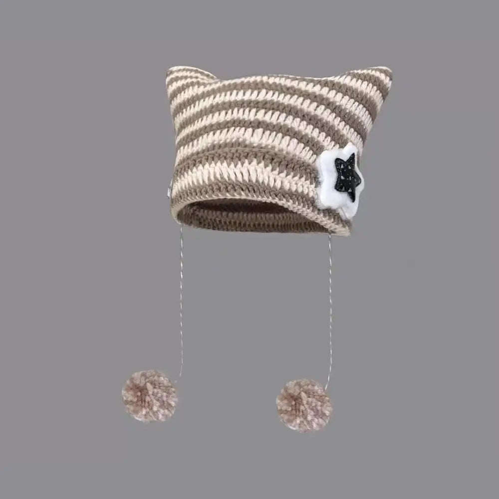 Hip-hop Y2K Beanie Hat Ins Devil Ear Striped Knitted Wool Cap Hip-hop Crochet Cute Cat Ears Pointed Pullover Women's Hats