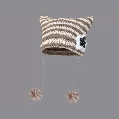 Hip-hop Y2K Beanie Hat Ins Devil Ear Striped Knitted Wool Cap Hip-hop Crochet Cute Cat Ears Pointed Pullover Women's Hats